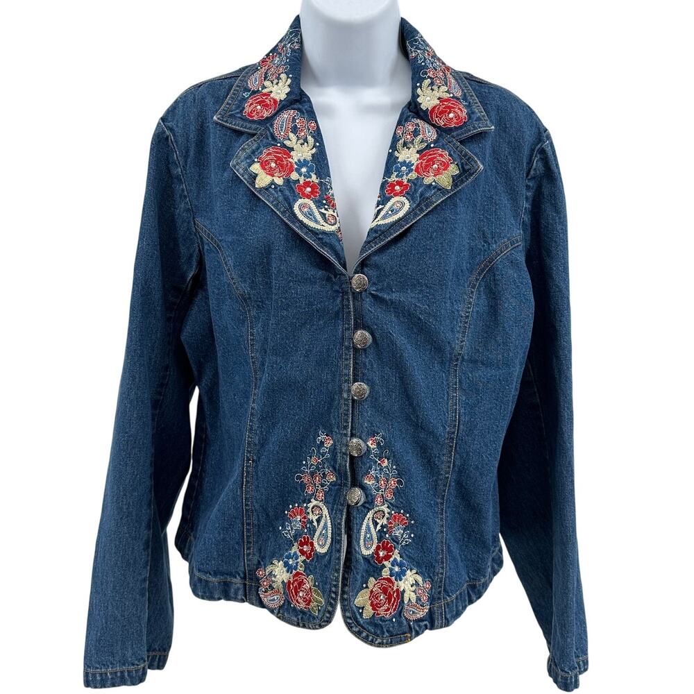 Gordon James Jean Jacket Sz XL Dark Wash Denim Floral Paisley Embroidered Blazer